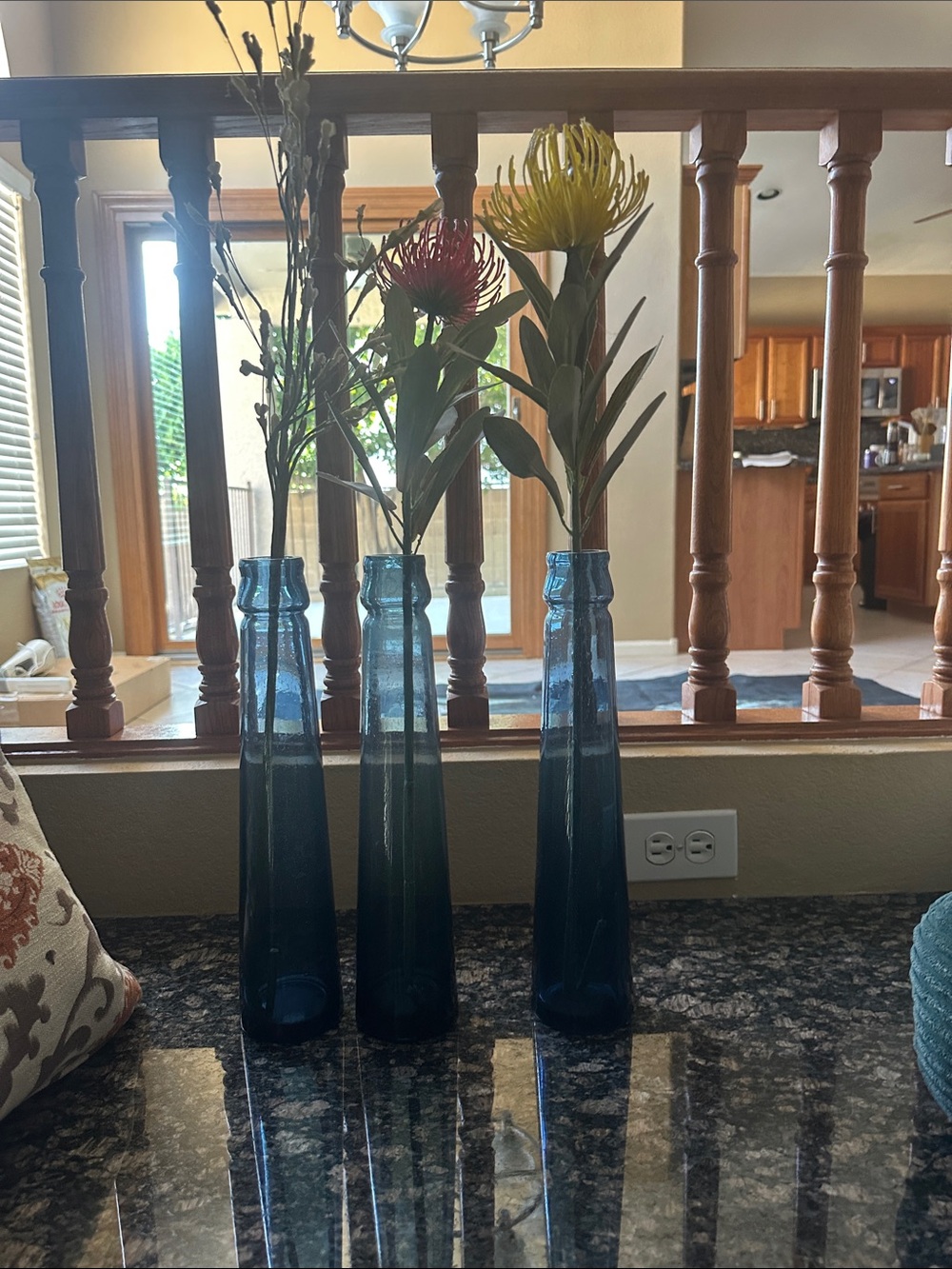 Set of 3 Tall Blue Glass Bud Vases